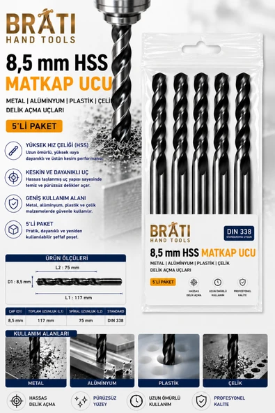 BRATİ HAND TOOLS 8,5 Mm Hss Matkap Ucu 5'lİ Paket Metal Alüminyum Ahşap Plastik Çelik Delme Uç Delik Açma Uçları ürün görseli 1
