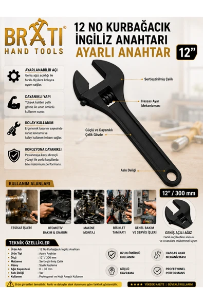 BRATİ HAND TOOLS 12'' Kurbağacık İngiliz Anahtarı Ayarlı Anahtar 12 İNÇ ürün görseli 1