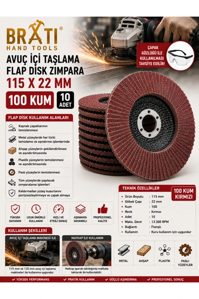 BRATİ HAND TOOLS 100 Kum Avuç İçi Taşlama Flap Disk Zımpara 115 X 22,23 Mm (10 ADET) ürün görseli 1