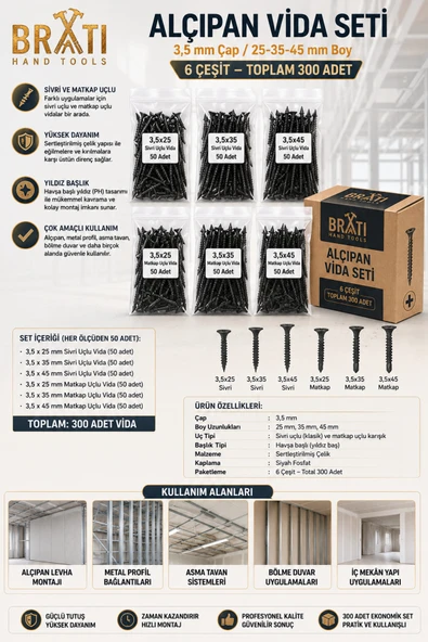 BRATİ HAND TOOLS Alçıpan Vida Seti – 3,5 mm Çap / 25-35-45 mm Boy – 6 Çeşit – Toplam 300 Adet ürün görseli 1