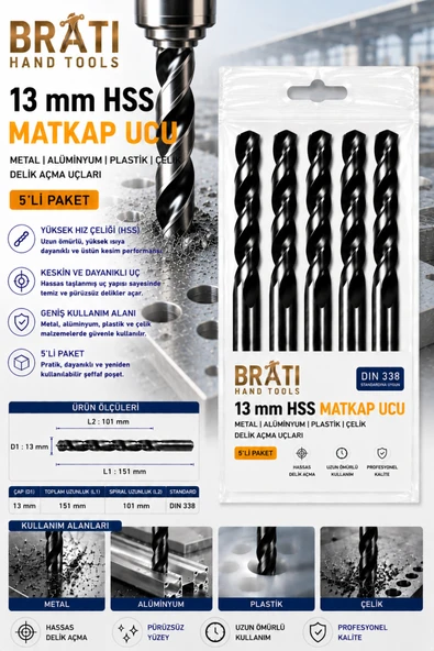 BRATİ HAND TOOLS 13 Mm Hss Matkap Ucu 5'li Paket Metal Alüm. Plastik Çelik Delme Uç ürün görseli 1
