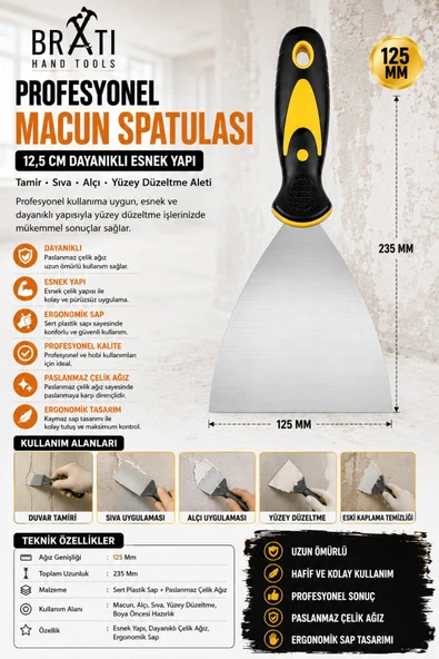 BRATİ HAND TOOLS Profesyonel Macun Spatulası 12,5 Cm Dayanıklı Esnek Yapı Tamir Sıva Alçı Yüzey Düzeltme Aleti 125 Mm ürün görseli 1