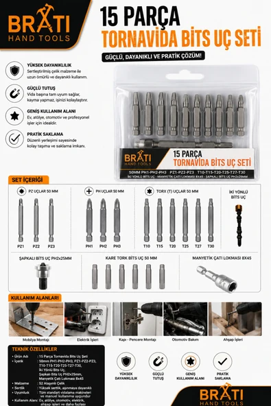 BRATİ HAND TOOLS 15 Parça Tornavida Bits Uç Seti (50MM PH1-PH2-PH3 50MM PZ1-PZ2-PZ3 50MM T10-T15-T20-T25-T27-T30) ürün görseli 1