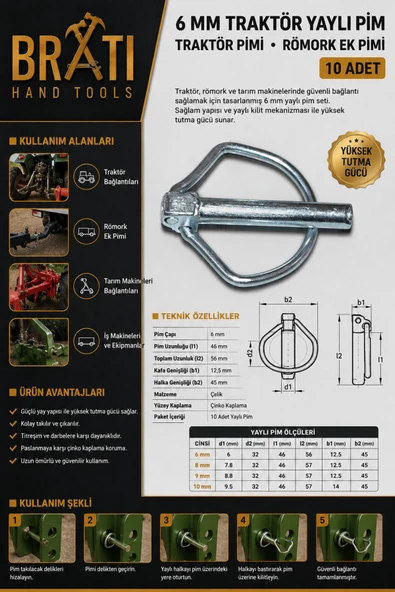 BRATİ HAND TOOLS 6 mm Traktör Yaylı Pim Traktör Pimi Römork Ek Pimi 6 Mm 10 Adet ürün görseli 1