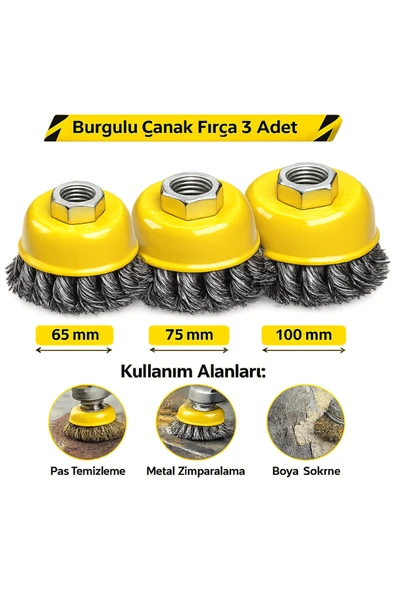 BRATİ HAND TOOLS Burgulu Çanak Fırça 65mm 75mm 100mm 3'lü Set Yüzey Pas Temizleme Boya Sökme Fırçası ürün görseli 1