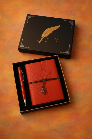 Wolawood Lüks Vintage Deri Defter Yaprak Detaylı Hatıra Günlüğü Eskitme Sayfalı Kutulu Vip Kalem Hediyeli Set ürün görseli 1