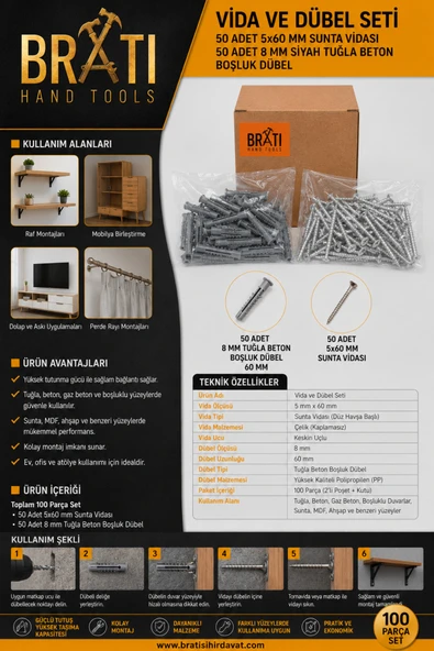 BRATİ HAND TOOLS Vida ve Dübel Seti 50 Adet 5x60 mm Sunta Vidası ve 50 Adet 8mm Siyah Tuğla Beton Boşluk Dübel ürün görseli 1