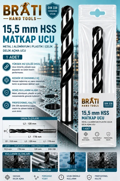 BRATİ HAND TOOLS 15,5 Mm Matkap Ucu Metal Alüminyum Plastik Döküm Çelik Delme Uç 15.5 mm Hss Delik Açma Ucu 1 Adet ürün görseli 1