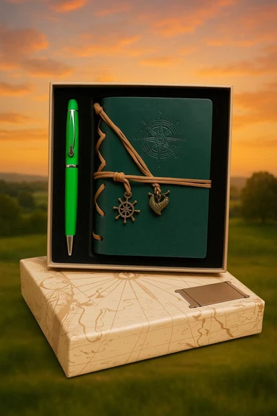 Wolawood Lüks Vintage Deri Defter Pusula Detaylı Hatıra Günlüğü Eskitme Sayfalı Kutulu Vip Kalem Hediyeli Set ürün görseli 1