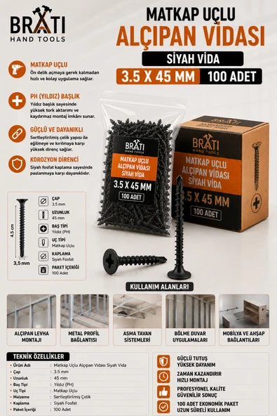 BRATİ HAND TOOLS Matkap Uçlu Alçıpan Vidası Siyah Vida 3.5 X 45 Mm 100 Adet ürün görseli 1
