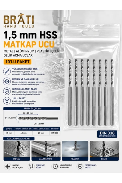 BRATİ HAND TOOLS 1,5 Mm Hss Matkap Ucu 10' Adet Metal Alüminyum Ahşap Plastik Delik Açma Ucu ürün görseli 1