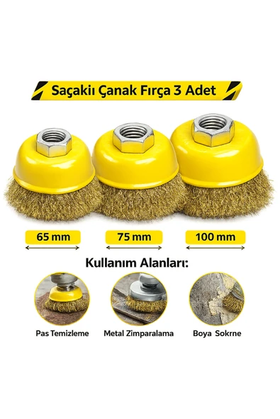 BRATİ HAND TOOLS Saçaklı Çanak Fırça 65mm 75mm 100mm 3'lü Set Yüzey Temizleme Boya Sökme Fırçası ürün görseli 1