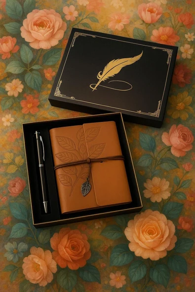 Wolawood Lüks Vintage Deri Defter Yaprak Detaylı Hatıra Günlüğü Eskitme Sayfalı Kutulu Vip Kalem Hediyeli Set ürün görseli 1