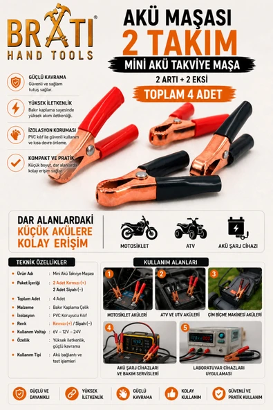 BRATİ HAND TOOLS Akü Maşası 2 Takım Mini Akü Takviye Maşa 2 Artı 2 Eksi Toplam 4 Adet ürün görseli 1