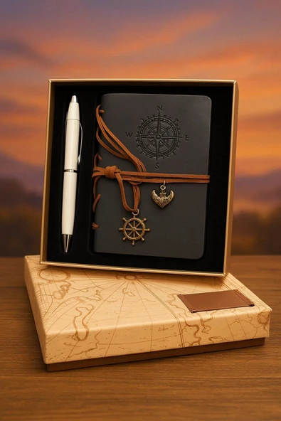 Wolawood Lüks Vintage Deri Defter Pusula Detaylı Hatıra Günlüğü Eskitme Sayfalı Kutulu Vip Kalem Hediyeli Set ürün görseli 1