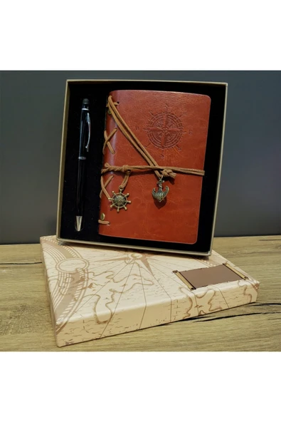 EXENET Pusula Temalı Deri Kapaklı Vintage Defter ve Metal Touchpen Kalem Özel Kutulu Konsept Hediyelik Set ürün görseli 1