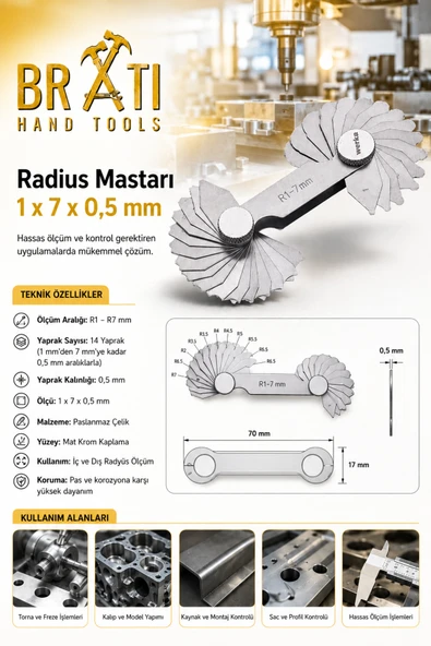BRATİ HAND TOOLS Radius Mastarı 1 x 7 x 0,5 mm Radyus Mastarı ürün görseli 1