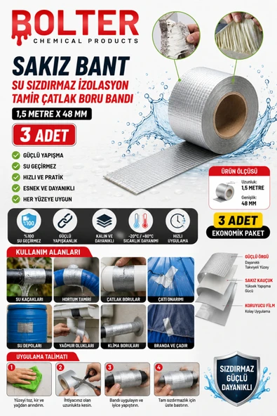 BOLTER CHEMİCAL PRODUCTS Sakız Bant Su Sızdırmaz İzolasyon Tamir Çatlak Boru Bandı 1,5 Metre X 48 Mm 3 ADET ürün görseli 1