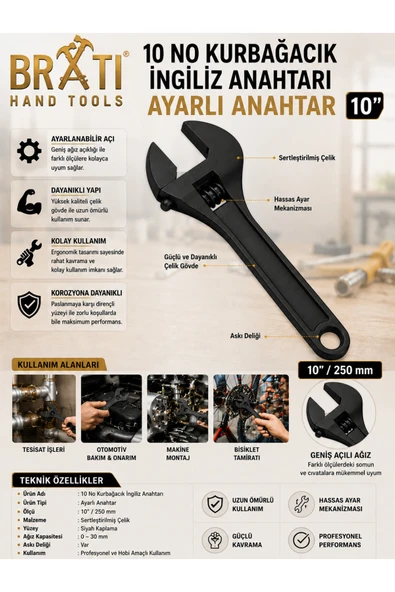 BRATİ HAND TOOLS 10'' Kurbağacık İngiliz Anahtarı Ayarlı Anahtar 10 No ürün görseli 1