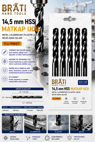 BRATİ HAND TOOLS 14,5 Mm Hss Matkap Uçları 5'lİ Paket Metal Alüminyum Ahşap Plastik Çelik Delme Uç Delik Açma Uçları ürün görseli 1