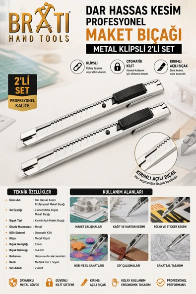BRATİ HAND TOOLS Dar Hassas Kesim Profesyonel Maket Bıçağı Metal Klipsli 2'li Set ürün görseli 1