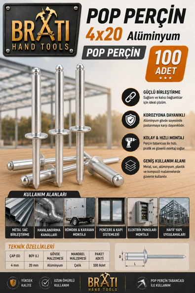 varsakaca 4x20 Alüminyum Pop Perçin 100lü Paket ürün görseli 1