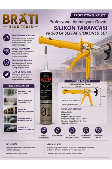 BRATİ HAND TOOLS Profesyonel Alüminyum Gövde Silikon Tabancası ve 280 Gr Şeffaf Silikonlu Set ürün görseli 1