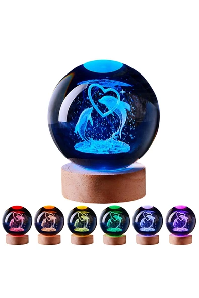 Wolawood Yunus Balığı Temalı Kristal Cam Küre 3D Led Işıklı USB'li Ahşap Tabanlı Renk Değiştiren Gece Lambası ürün görseli 1