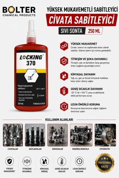 BOLTER CHEMİCAL PRODUCTS LOCKING 370 Yüksek Mukavemetli Sabitleyici CİVATA SABİTLEYİCİ -250 ml ürün görseli 1