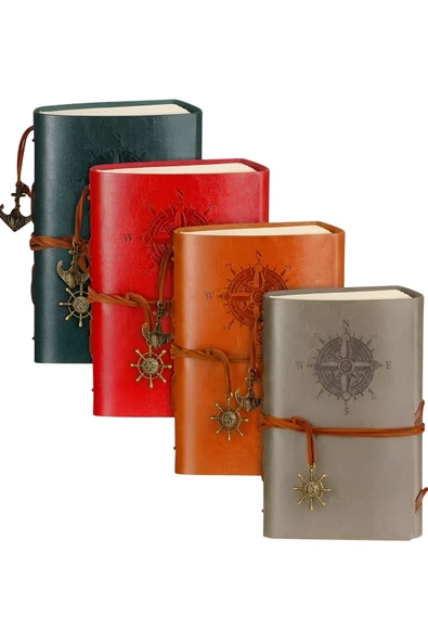 Wolawood Nautical Signature Collection 4'lü Vintage Deri Defter Seti Çapalı, Pusula, Denizci Tema & Çizgisiz, Spiralli, Bağcıklı, Günlük, Anı, Hatıra, Ajanda Hediyelik Set [4~Adet] ürün görseli 1