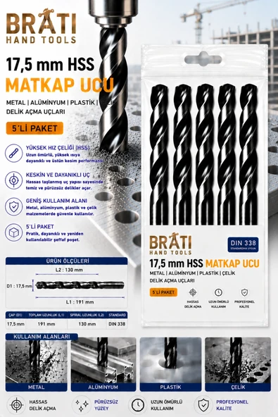 BRATİ HAND TOOLS 17,5 Mm Hss Matkap Ucu 5'lİ Paket Metal Alüminyum Ahşap Çelik Plastik Delme Uçları ürün görseli 1