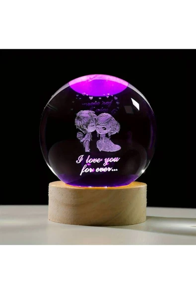 EXENET Kristal Cam Küre 3D Boyutlu Renkli USB Ahşap Taban Dekoratif Özel Eşya Süs Biblo Lamba Set ürün görseli 1