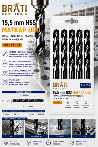 BRATİ HAND TOOLS 15,5 Mm Hss Matkap Ucu 5'lİ Paket Metal Ahşap Plastik Çelik Delme Uç Delik Açma Uçları ürün görseli 1