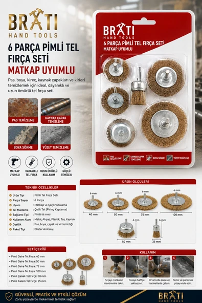 BRATİ HAND TOOLS 6 Parça Pimli Tel Fırça Seti Matkap Uyumlu ürün görseli 1