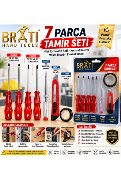 BRATİ HAND TOOLS 7 Parça Tamir Seti / 4'lü Tornavida Seti Kontrol Kalemi Maket Bıçağı Elektrik Bandı ürün görseli 1
