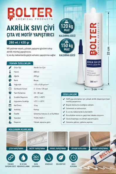 BOLTER CHEMİCAL PRODUCTS Akrilik Sıvı Çivi Çıta ve Motif Yapıştırıcı 280 Ml / 430 Gr Boşluk Doldurma ve Yapıştırıcı Boyanabilir ürün görseli 1