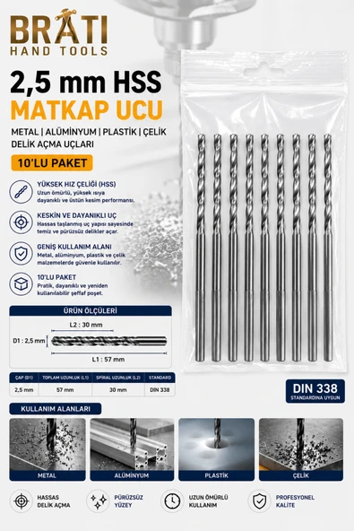 BRATİ HAND TOOLS 2,5 Mm Matkap Uçları 10 Adet Metal Ahşap Plastik Çelik Delme Uç Delik Açma Uçları ürün görseli 1
