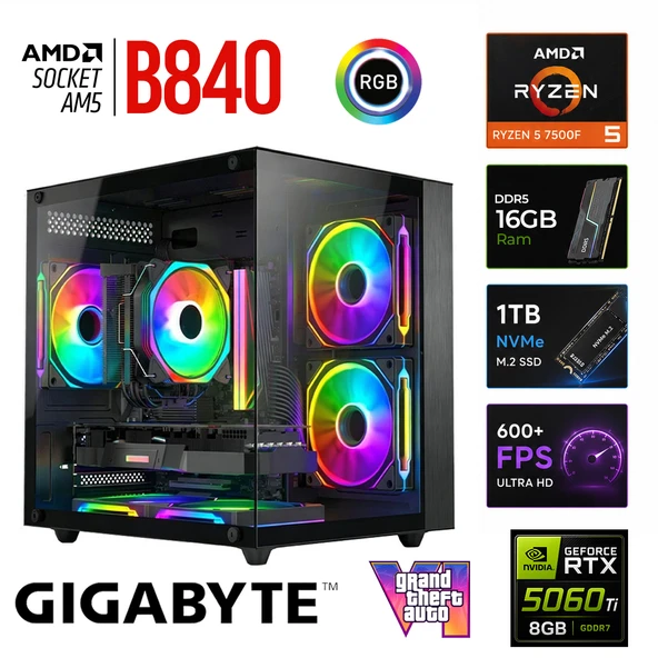Xaser Apex x70 Ryzen 5 7500F/8GB RTX5060 Ti/1TB M.2 NVMe SSD/16GB DDR5 Siyah-Gaming Oem Oyuncu Paket ürün görseli 1