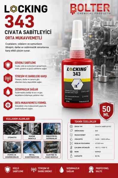 BOLTER CHEMİCAL PRODUCTS Locking Civata Sabitleyici 343 Cıvata 50 ML ürün görseli 1