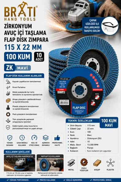 BRATİ HAND TOOLS Zirkonyum Flap Dizk Avuç İçi Taşlama ZK Flap Disk Zımpara 115 X 22 Mm 100 Kum (10 ADET) ürün görseli 1