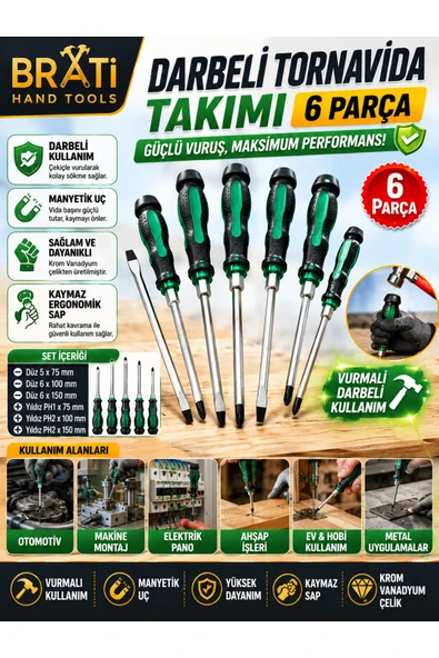 BRATİ HAND TOOLS Darbeli Tornavida Takımı 6 Parça Darbeli Düz Yıldız Tornavida Seti Vurmalı Tornavida Yeşil ürün görseli 1