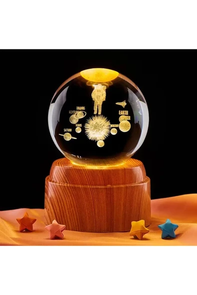 Wolawood Premium Dönen Kristal Cam Küre 3D Led Işıklı USB'li Gece Lambası Masaüstü Dekoratif Hediyelik Set ürün görseli 1