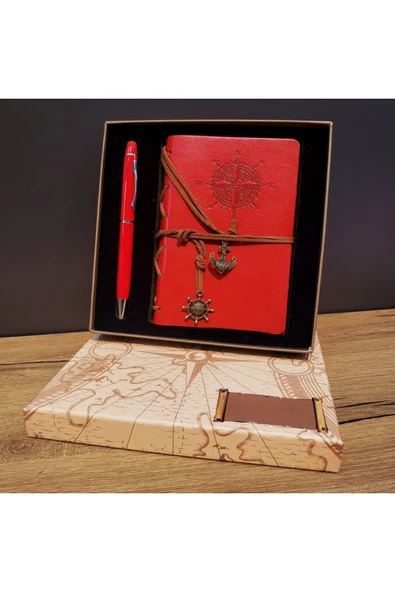 EXENET Pusula Temalı Deri Kapaklı Vintage Defter ve Metal Touchpen Kalem Özel Kutulu Konsept Hediyelik Set ürün görseli 1