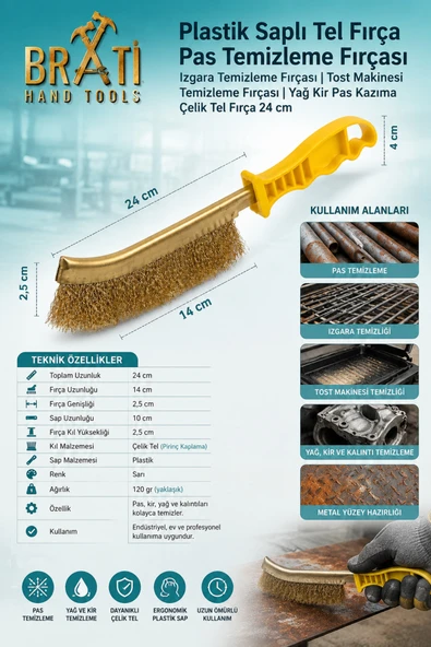 BRATİ HAND TOOLS Plastik Saplı Tel Fırça Pas Temizleme Fırçası Izgara Temizleme Fırçası Tost Makinesi Temizleme Fırçası Yağ Kir Pas Kazıma Çelik Tel Fırça 24 cm ürün görseli 1