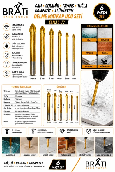 BRATİ HAND TOOLS Cam Seramik Fayans Tuğla Kompazit Alüminyum Delme Matkap Ucu Seti Elmas Uç 6 Parça 4mm - 10 mm ürün görseli 1