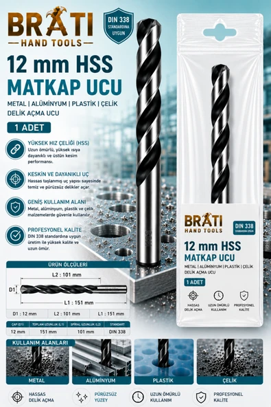 BRATİ HAND TOOLS 12 Mm Matkap Ucu Metal Alüminyum Ahşap Plastik Çelik Delme Uç 12 mm Hss Delik Açma Ucu 1 Adet ürün görseli 1