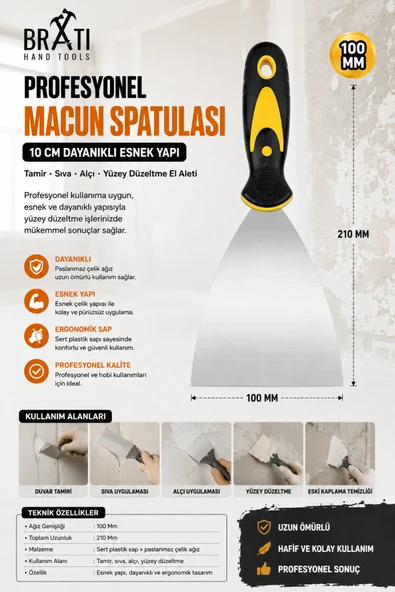 BRATİ HAND TOOLS Profesyonel Macun Spatulası 10 Cm Dayanıklı Esnek Yapı Tamir Sıva Alçı Yüzey Düzeltme El Aleti 100 Mm ürün görseli 1