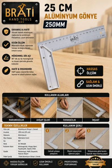 BRATİ HAND TOOLS 25 Cm Alüminyum Gönye 250mm ürün görseli 1