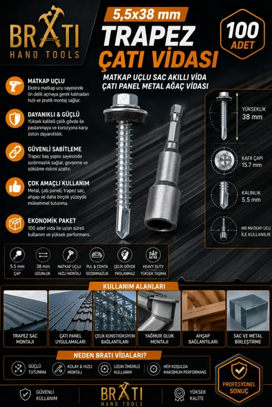 BRATİ HAND TOOLS 5,5X38 Çatı Vidası Trapez Sac Vidası Matkap Uçlu Sac Çatı Panel Metal Vida 100 Adet Trapez Çatı Vidası Adaptörlü ürün görseli 1