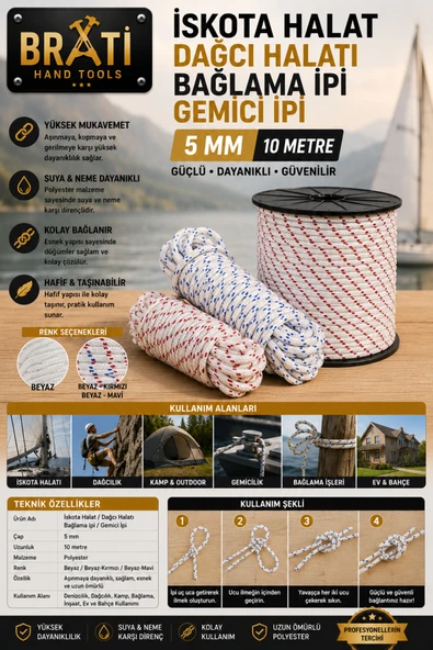BRATİ HAND TOOLS 5 MM İskota Halat Dağcı Halatı Gemici ipi Bağlama ipi 10 metre ürün görseli 1